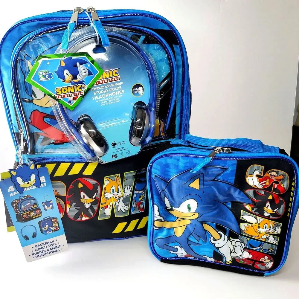 Sonic the Hedgehog 4- Piece Set Backpack With Lunchbox & Headphones 17” Backpack